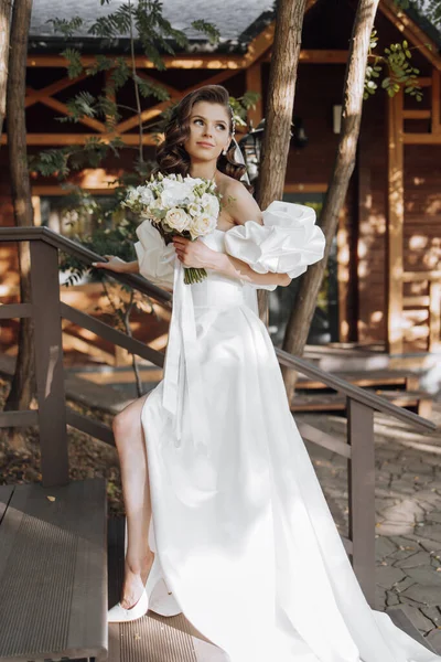 Happy Young Woman Long Curly Hair White Wedding Dress Holding — Stock Photo, Image