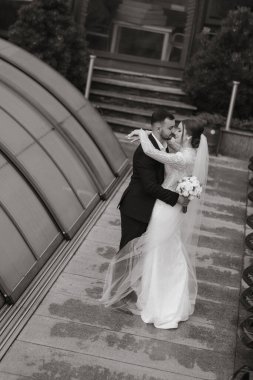 tender hugs of the bride and groom. The groom embraces the bride. Photo from above. Black and white photo clipart