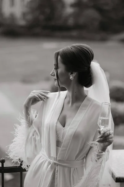 Uma Noiva Bonita Com Longo Véu Cabelo Vestindo Elegante Peignoir — Fotografia de Stock