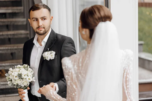 Handsome Man Gently Holds Bride Hand Looks Her Lovingly Wedding — Stock Photo, Image