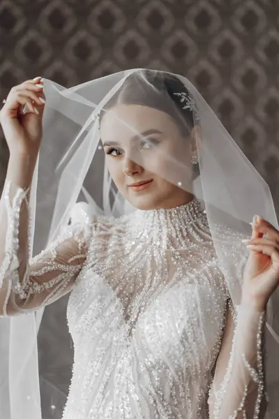 Wedding Portrait Bride Elegant Wedding Dress Poses Wrapped Veil Morning — Stock Photo, Image