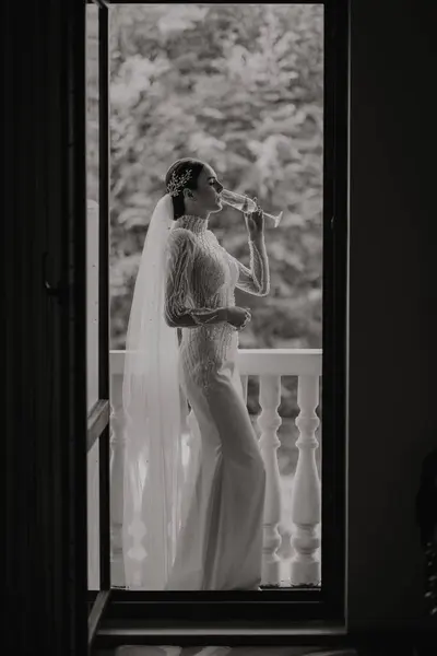 Wedding Black White Portrait Bride Posing Elegant Wedding Dress Morning — Stock Photo, Image
