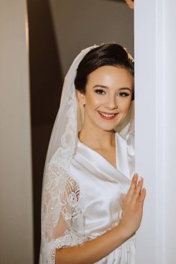 Duvağı olan ipek takım elbiseli gelin odasında poz veriyor. Gelinin sabahı. Hazırlık. Düğün fotoğrafçılığı