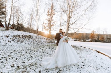 Gelin ve damat kış bahçesinde yürüyorlar. Doğada kış fotoğraf çekimi.