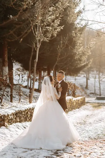 Wedding portrait of the bride and groom. Winter walk in nature. The bride embraces the groom, looking at each other.