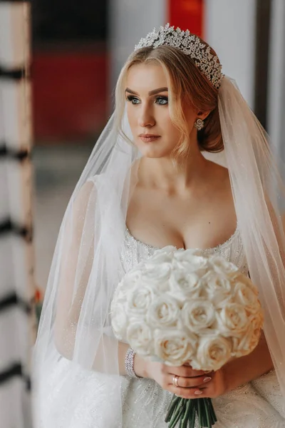 Düğün Portresi Gelin Zarif Bir Elbise Uzun Bir Peçe Bir — Stok fotoğraf