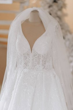 Dantelli ve işlemeli kumaşlı, boncuklu gelinlikli manken. Yetenekli kadın elbise dikme düğmeleri. Giysilerde ayarlama düğmeleri. Mankenin üzerindeki inanılmaz gelinlik..