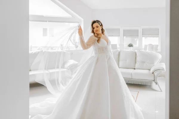 ファッショナブルな結婚式のヘアスタイル プロのメイクで豪華なウェディングドレスで美しい花嫁 朝から美しい内装の部屋に美しい花嫁 高品質の写真 — ストック写真