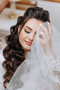 Saçında taç olan güzel bir esmer gelin güzel bir bornozla düğün için hazırlanıyor. Yakın plan düğün fotoğrafı, fotoğraf..