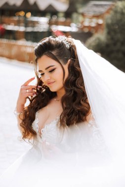 Kıvırcık esmer gelin, arka plandaki dağlara ve ahşap evlere sarılı bir şekilde poz veriyor. Uzun kollu muhteşem bir elbise, açık göğüs. Yaz düğünü