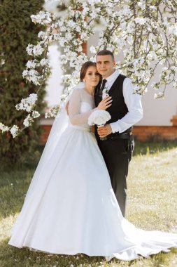 Düğün için. Aşk ve çift düğün için bahçede. Törenin ve bağlılığın kutlanması. Tarihi kaydet. Güven. Gelin ve damat kucaklaşır. Damat gelini bahar çiçekli bir ağacın altında kucaklıyor..