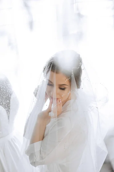 Красивая Брюнетка Невеста Диадемой Волосах Готовится Свадьбе Красивом Халате Стиле — стоковое фото