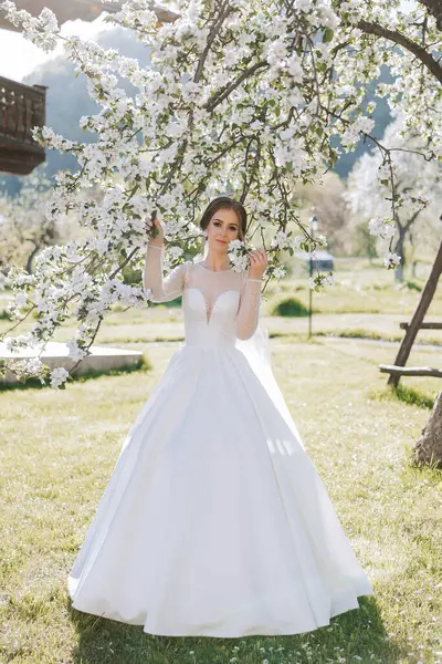 一个红头发的新娘在一棵盛开的树的背景下摆姿势 华丽的衣服 长袖子 敞开的胸围 春天的婚礼 — 图库照片