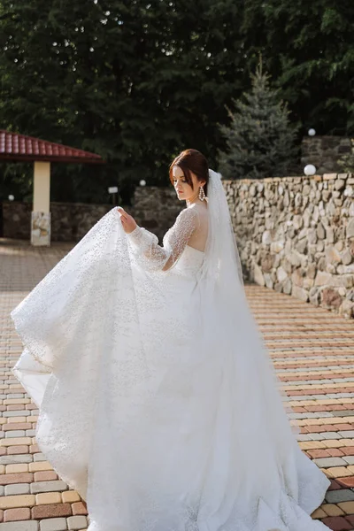 Sposa Magnifico Vestito Velo Cammina Lungo Sentiero Pietra Con Spalle — Foto Stock