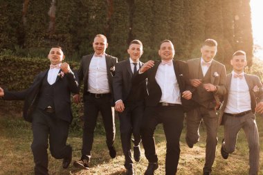 Damadın, damadın yanındaki neşeli, genç ve enerjik tanıklar. Arkadaşlar damadı tebrik eder. Damat ve komik arkadaşları yeni evlilerin düğün gününde eğleniyorlar..