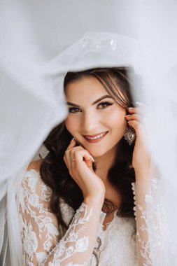 Genç bir gelinin harika bir portresi. Uzun kıvırcık saçlı, düğün makyajı ve mücevher çelengi olan güzel bir gelin. İçi güzel kahverengi gözlü bir düğün fotoğrafı modeli..