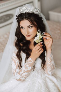 Genç bir gelinin harika bir portresi. Uzun kıvırcık saçlı, düğün makyajı ve mücevher çelengi olan güzel bir gelin. İçi güzel kahverengi gözlü bir düğün fotoğrafı modeli..