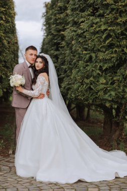 Düğün için. Aşk ve çift düğün için bahçede. Törenin ve bağlılığın kutlanması. Tarihi kaydet. Güven. Gelin ve damat kucaklaşır. Gülümse ve sev. Mutlu ve aşık gelinlerin ve damatların fotoğrafı..