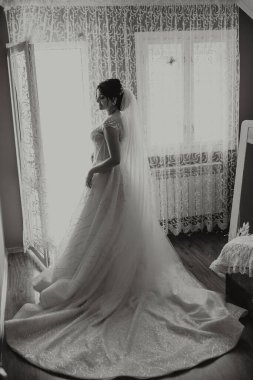 Güzel bir saç stili ve muhteşem bir elbisesi olan lüks bir gelin sabahki düğün törenine hazırlanıyor. Gelinin sabah fotoğrafı evde ya da otel odasında. Profesyonel makyaj..