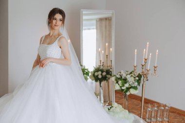 Güzel bir saç stili ve muhteşem bir elbisesi olan lüks bir gelin sabahki düğün törenine hazırlanıyor. Gelinin sabah fotoğrafı evde ya da otel odasında. Profesyonel makyaj..