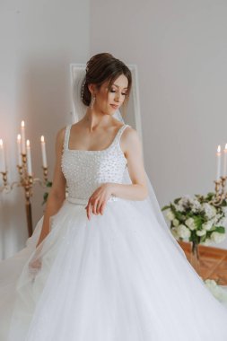 Güzel bir saç stili ve muhteşem bir elbisesi olan lüks bir gelin sabahki düğün törenine hazırlanıyor. Gelinin sabah fotoğrafı evde ya da otel odasında. Profesyonel makyaj..