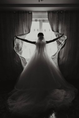 Güzel bir saç stili ve muhteşem bir elbisesi olan lüks bir gelin sabahki düğün törenine hazırlanıyor. Gelinin sabah fotoğrafı evde ya da otel odasında. Profesyonel makyaj..