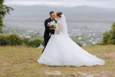 Gelin ve damat arka planda yeşil tepelerle yüz yüze duruyorlar. Gelin ve damadın dağlarda güzel bir fotoğraf çekimi. Boş alan.