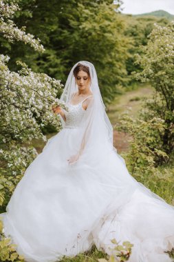 Çiçek açan ağaçların arka planında, açık göğüslü, duvağa sarılmış kırmızı saçlı gelin. Doğada bahar düğünü.