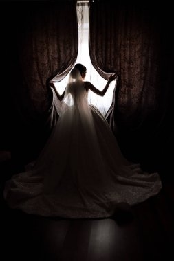 Güzel bir saç stili ve muhteşem bir elbisesi olan lüks bir gelin sabahki düğün törenine hazırlanıyor. Gelinin sabah fotoğrafı evde ya da otel odasında. Profesyonel makyaj..