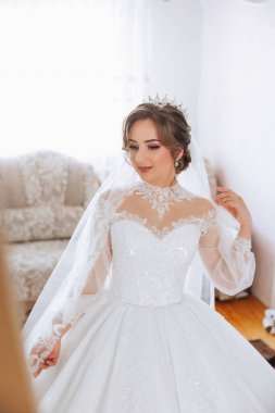 Güzel bir saç stili ve muhteşem bir elbisesi olan lüks bir gelin sabahki düğün törenine hazırlanıyor. Gelinin sabah fotoğrafı evde ya da otel odasında. Profesyonel makyaj..