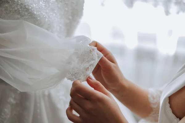 Bedroom Interior Wedding Dress Prepared Ceremony Beautiful Lush Wedding Dress — Stock Photo, Image