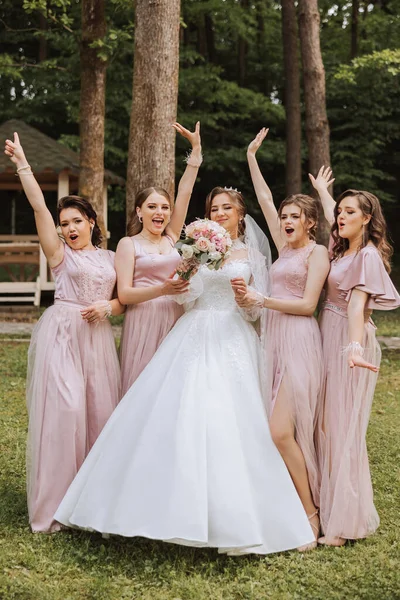 Gruppporträtt Bruden Och Brudtärnorna Brud Bröllopsklänning Och Brudtärnor Rosa Eller — Stockfoto