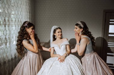 Güzel bir gelin ve nedimeleri sabah eğleniyorlar. Düğün kutlaması. En iyi arkadaşlarının düğününde mutlu kızlar. Nedimeleriyle güzel ve zarif bir gelin.