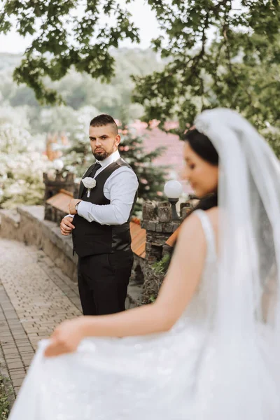 Bruden Klädd Elegant Grönskande Vit Brudklänning Med Lång Slöja Och — Stockfoto