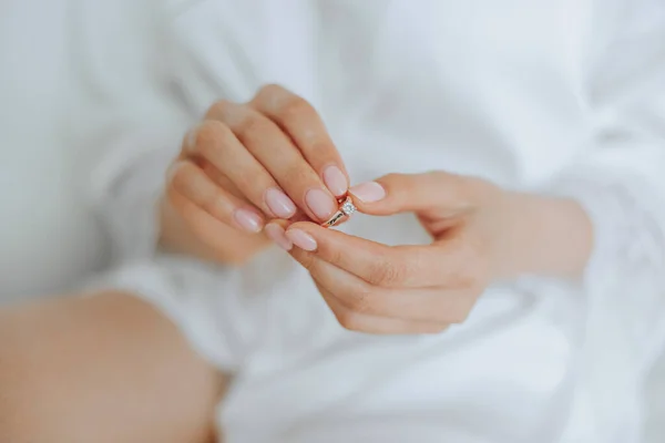 Tender Hands Young Woman Expensive Ring Beautiful Manicure Close Photo — Stock Photo, Image