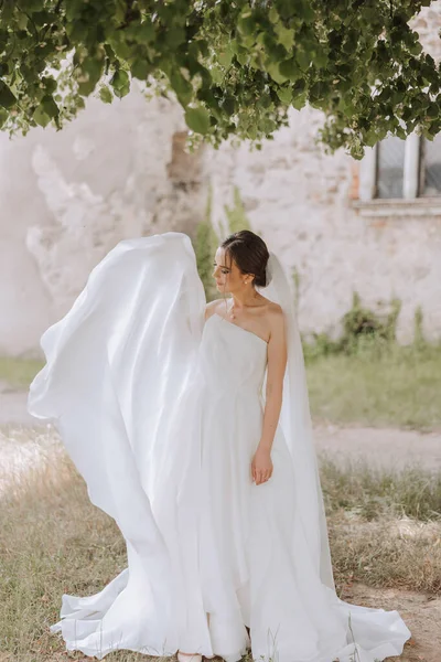 Schöne Braut Mit Einer Langen Schleppe Die Braut Weißen Kleid — Stockfoto