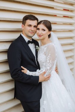 Yakışıklı bir damat, gelinini bembeyaz bir elbiseyle kucaklıyor ve güzel bir açık havada gülümsüyor. Açık gökyüzünün altında. Yüksek kalite fotoğraf. Yeni evli bir çift güneşli bir yaz gününde birlikte poz verir..