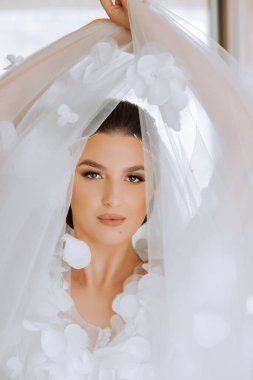 Düğün töreninden önce sabahları sabahlık giymiş güzel bir gelin. Gelinin saç stili inanılmaz. Doğal ve modern makyaj. Sabahlık giymiş genç bir gelinin portresi.