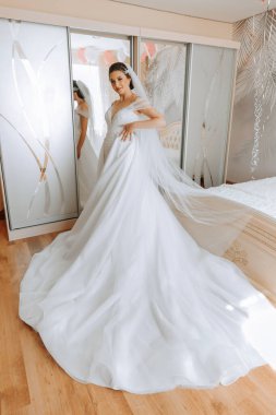 Uzun gelinlik ve duvak giymiş genç esmer otel odasında. Büyüleyici bir gelin, uzun boylu, muhteşem beyaz elbisesiyle düğünden önceki sabah.
