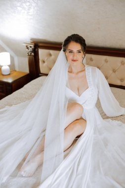 Düğün töreninden önce sabahları sabahlık giymiş güzel bir gelin. Gelinin saç stili inanılmaz. Doğal ve modern makyaj. Sabahlık giymiş genç bir gelinin portresi.