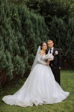 Yakışıklı bir damat, gelinini bembeyaz bir elbiseyle kucaklıyor ve güzel bir açık havada gülümsüyor. Açık gökyüzünün altında. Yüksek kalite fotoğraf. Yeni evli bir çift güneşli bir yaz gününde birlikte poz verir..