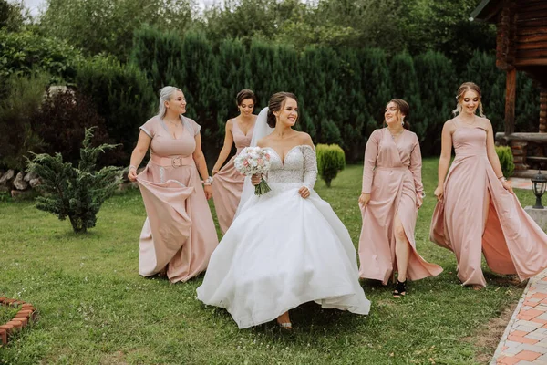 Una Sposa Bruna Sue Damigelle Abiti Rosa Identici Camminano Sullo — Foto Stock