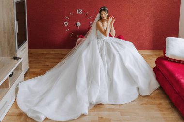 Uzun gelinlik ve duvak giymiş genç esmer otel odasında. Büyüleyici bir gelin, uzun boylu, muhteşem beyaz elbisesiyle düğünden önceki sabah.