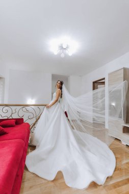 Uzun gelinlik ve duvak giymiş genç esmer otel odasında. Büyüleyici bir gelin, uzun boylu, muhteşem beyaz elbisesiyle düğünden önceki sabah.