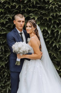 Yakışıklı bir damat, gelinini bembeyaz bir elbiseyle kucaklıyor ve güzel bir açık havada gülümsüyor. Açık gökyüzünün altında. Yüksek kalite fotoğraf. Yeni evli bir çift güneşli bir yaz gününde birlikte poz verir..