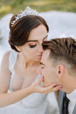 Şirin ve şık yeni evliler güzel bir bahçede sonbahar doğasının arka planına sarılıp gülümsüyorlar. İnanılmaz güzel genç bir gelin sevgilisini öper.