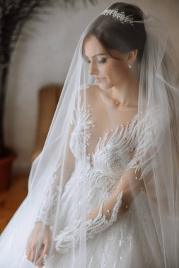 Beyaz gelinlik içinde duvak tutan genç bir gelin otel odasında esmer gelin portresi, düğünden önceki sabah..