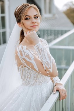 Düğün portresi. Uzun kollu dantelli esmer bir gelin cam korkulukların yanında poz veriyor. Güzel saç ve makyaj. Sonbahar. Gün ışığı. kutlama.