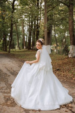 Uzun trenli beyaz elbiseli esmer bir gelin elbiseyi tutar ve taş patikadan aşağı doğru yürür. Sonbahar. Doğada düğün fotoğrafı çekimi. Güzel saç ve makyaj. kutlama