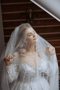 Beyaz gelinlik içinde duvak tutan genç bir gelin otel odasında sarışın gelin portresi, düğünden önceki sabah..